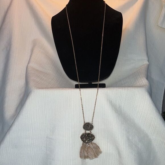 Long Gold Tone Necklace with Brown Rhinestone and Tan Tassels - Picture 1 of 3